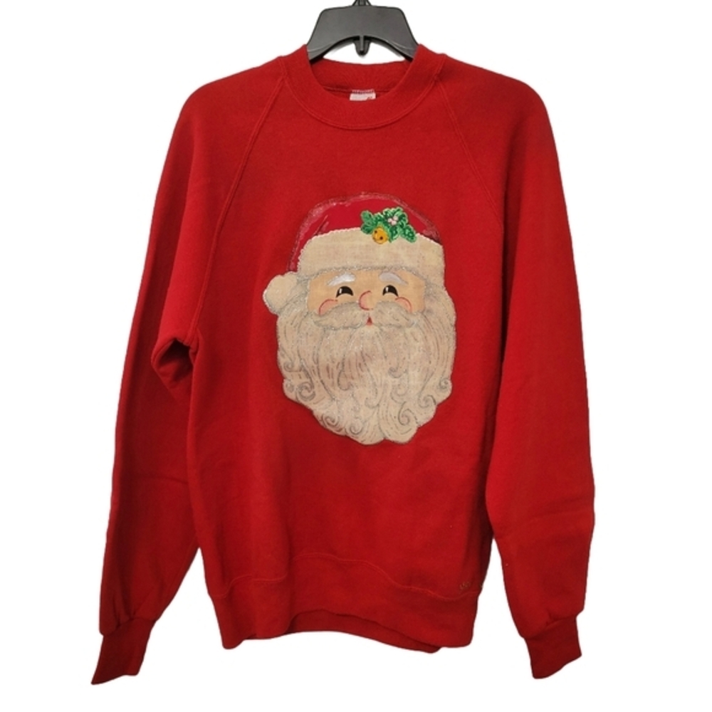 Vintage Jerzees‎ Hand Painted Santa Sweatshirt Size L Red 90s Comfy Grandmacore